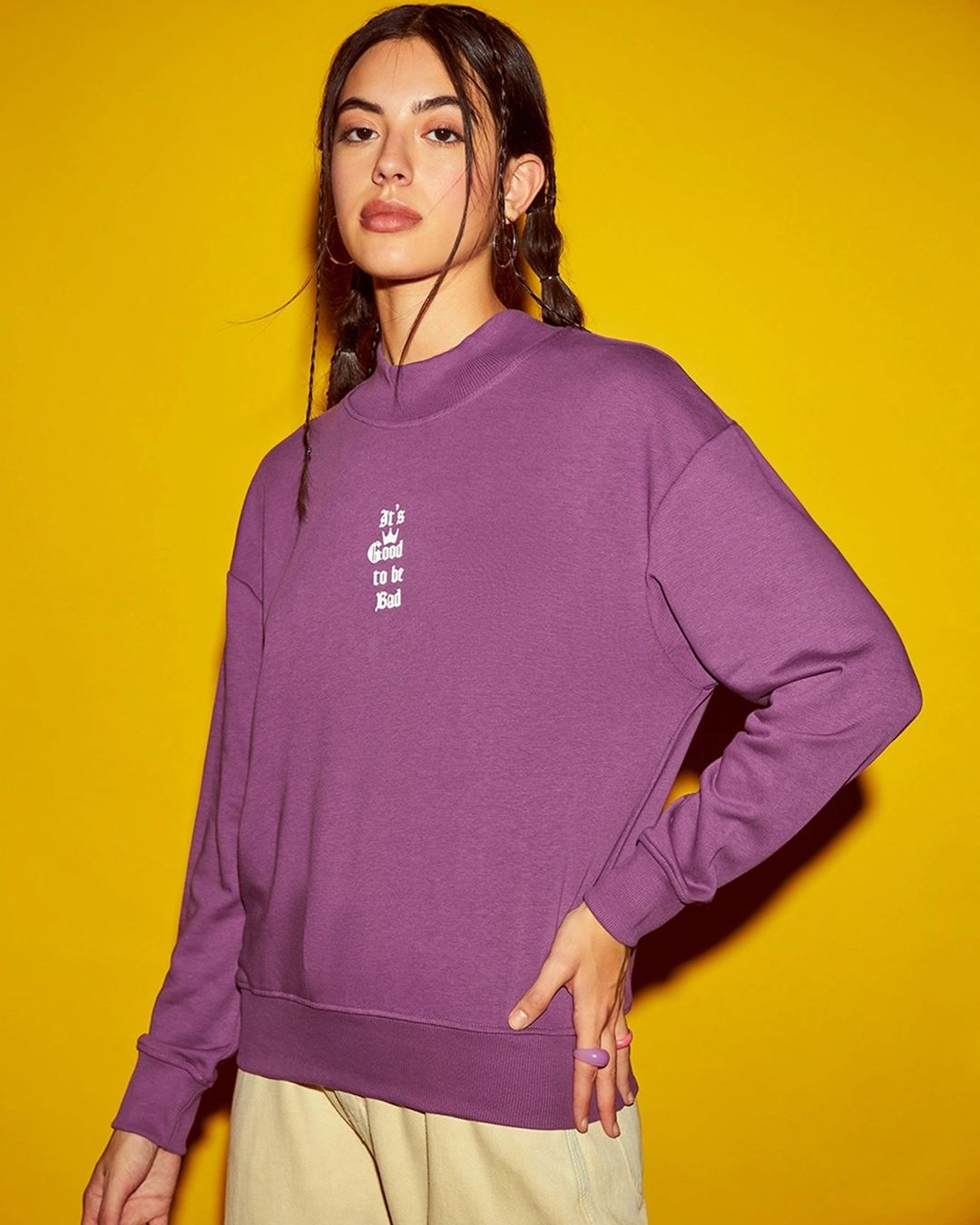 Women's Purple Good to be Bad Graphic Printed Oversized Sweatshirt - Image 4