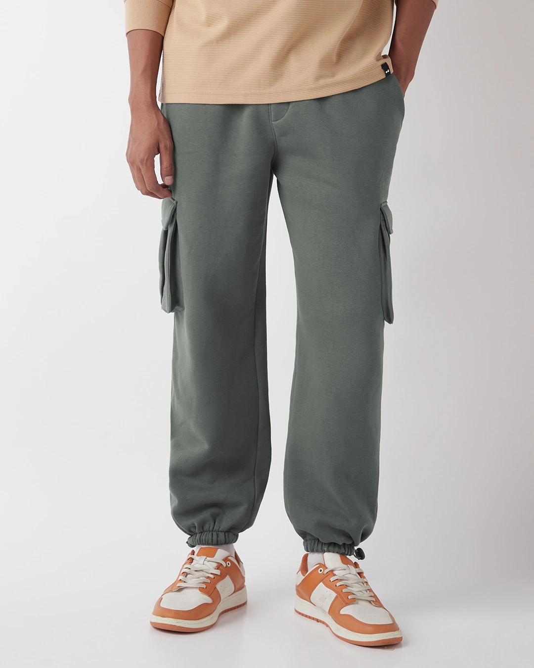 Men's Charcoal Grey Oversized Brushed Cargo Joggers - Image 6
