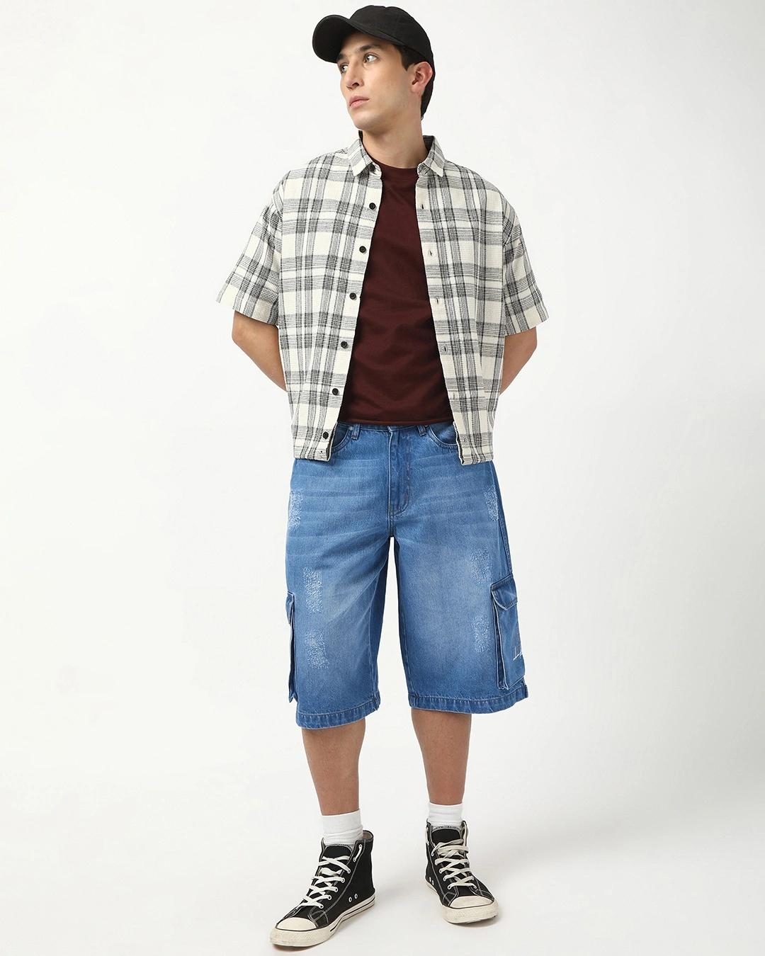Men's Blue Washed Baggy Fit Cargo Shorts - Image 7